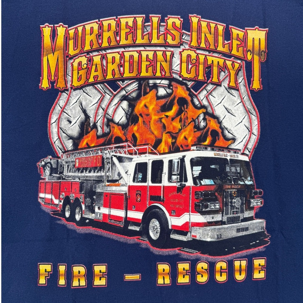 VTG Hanes Beefy-T Murrells Inlet Garden City Fire Rescue Graphic Shirt Navy LT - Picture 7 of 7